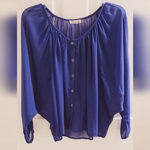 Cecico Royal Blue Blouse with 3/4  Sleeve Polyester Women Button Down